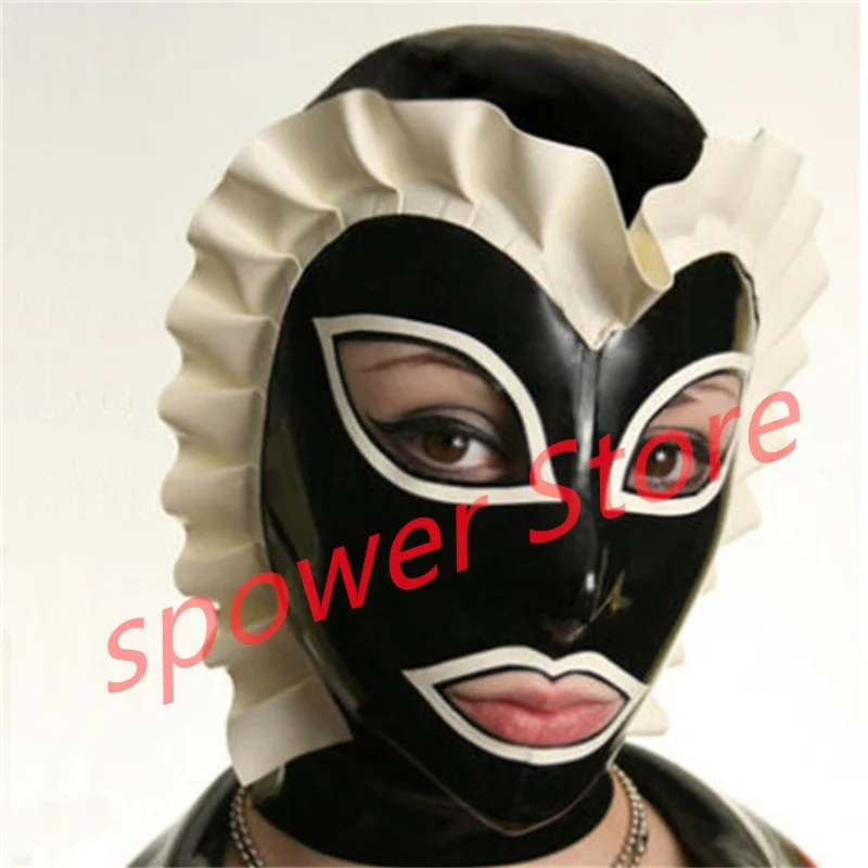 

Natural Latex Full Head Latex Hoods Rubber Mask Fetish Halloween Cosplay Costumes Blak with White Trim Back Zip Club Wear