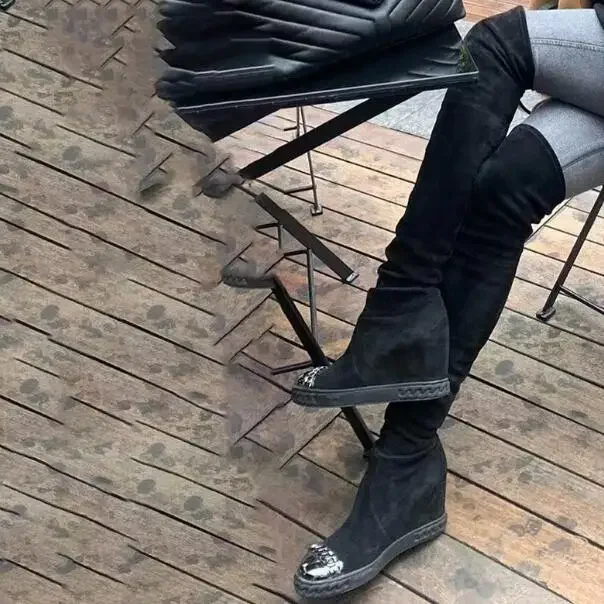 

Girls Sliver Chains Iron Toe Wedge Over The Knee Boots Woman Height Increasing 8 Cm Slip On Elastic Slim Thigh Long Botas Shoes