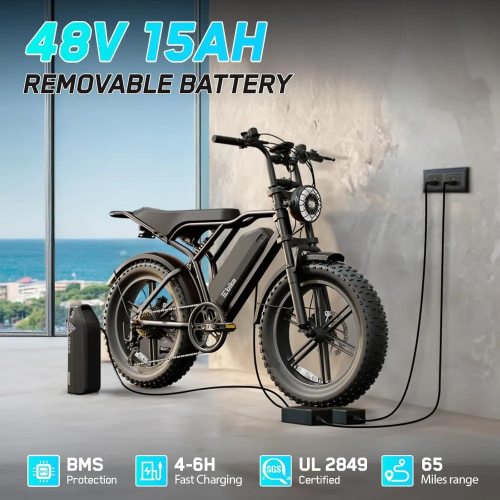 Full Suspension 20 Inch Fat Tire Electric Bike for s 1500W Peak Motor 60 Miles Range 48V 15Ah Removable Lithium Battery