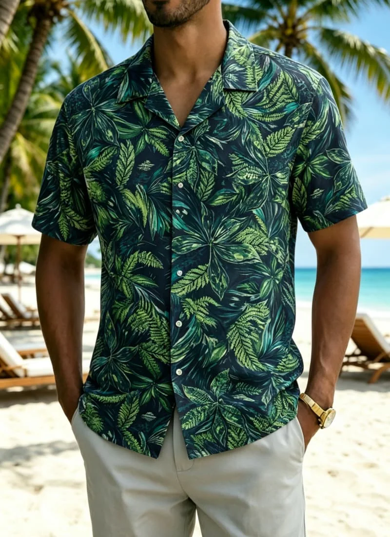 Men's loose tropical style printed shirt, suitable for camping, hiking, beach vacation, and outdoor activities