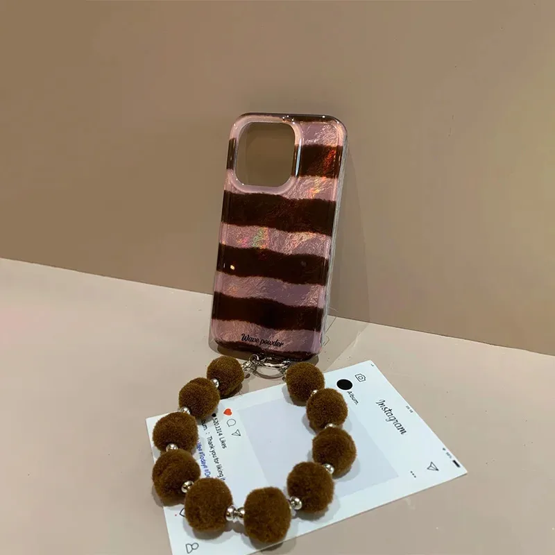 

Perforated vortex shell IND pink brown striped phone case Plush ball chain for iPhone 11 12 13 14 15 16 pro max