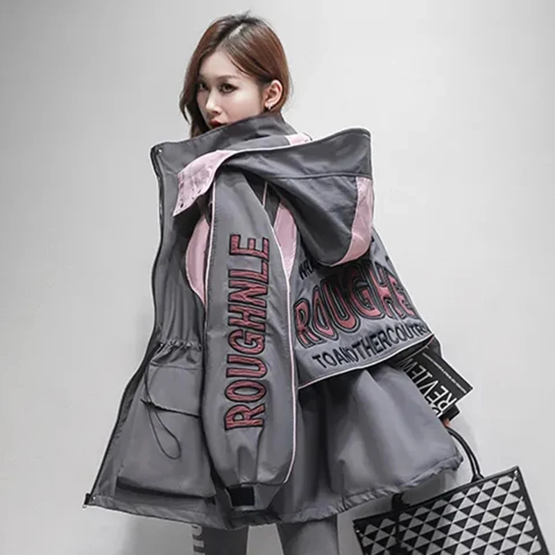 

Embroidered Hooded Windbreaker Jacket Women Harajuku Y2K Casual Long Sleeve Coat Slim Drawstring American Streetwear