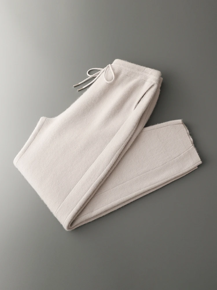 Men's Cashmere Wide Leg Pants Elastic Waist Drawstring Trousers Autumn Winter Thicken 100% Cashmere Knitted Casual Banana Pants
