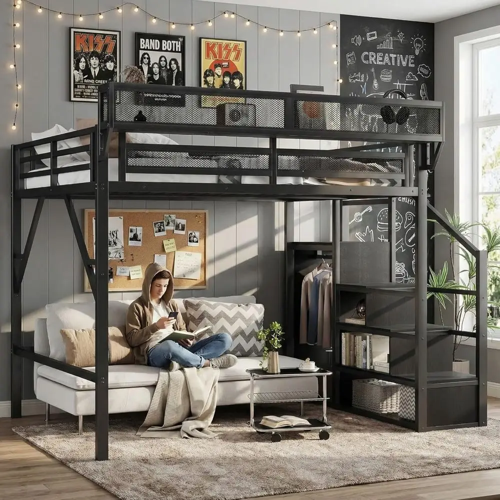 

Queen Size Metal Bed with Stairs, Storage Shelves, and Wardrobe for Adults and Teens