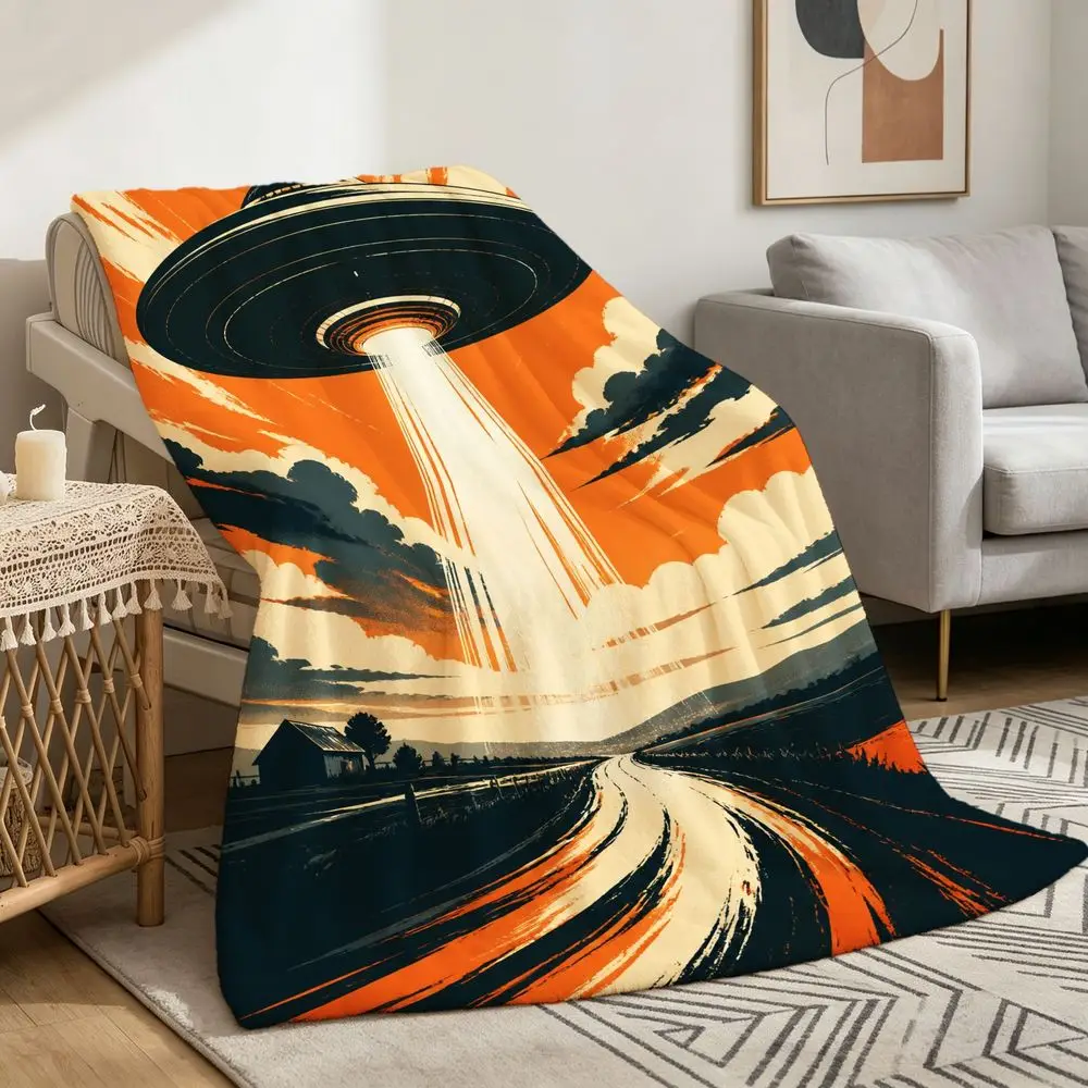 Retro UFO Flying Saucer Throw Blanket - Soft Flannel Bedspread Suitable for - Cozy Bedding, Vintage Sci-Fi with UFO Pattern, Ideal Gift for,, for Home Decor for Sofa, Bed, - Mid-Century Modern Style