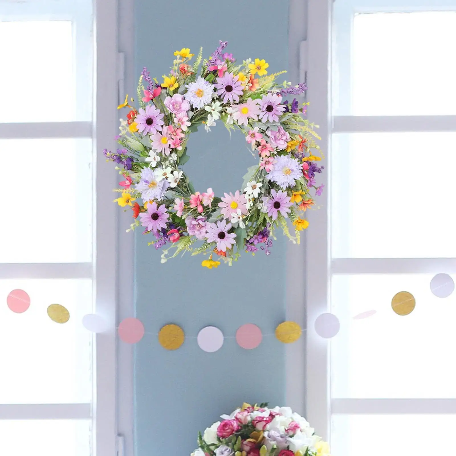Reusable Artificial Flower Wreath Spring Door Decoration Hanging Centerpiece for Home Office Festival