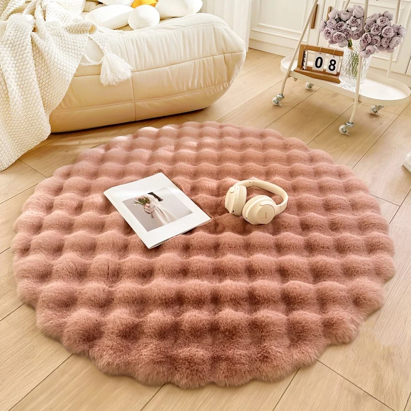 Soft 30/50/60/80/100cm Plush Round Carpet Non Slip Round Faux Rabbit Fur Mat Bedroom Bedside Long Hair Bubble Rugs Living Room