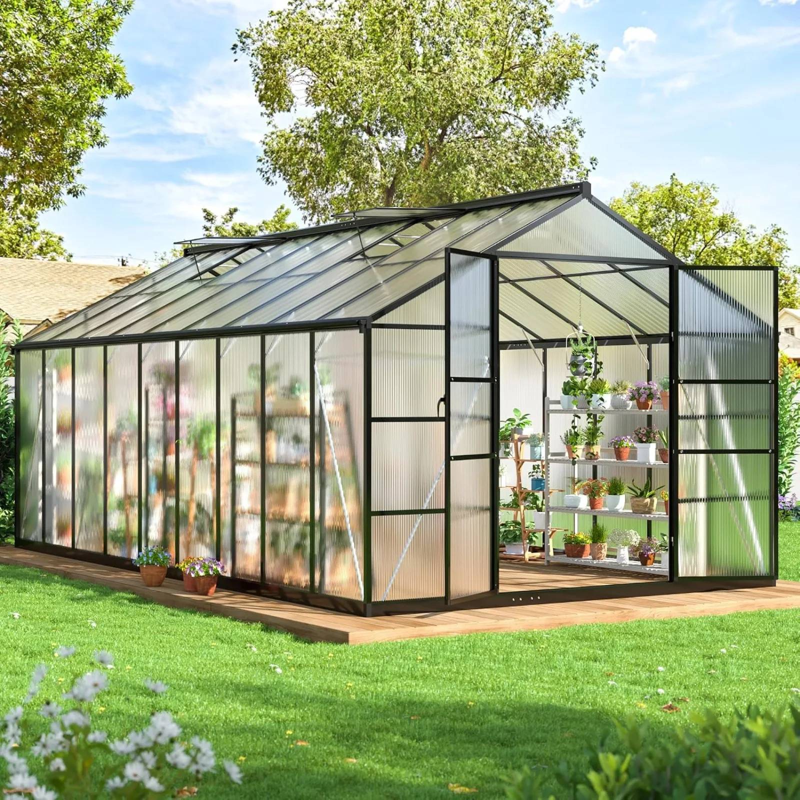 Walk-in Polycarbonate Greenhouse for Outdoors | Aluminum Heavy Duty Green House with Roof Vent and Quick Setup Structure for Outside Garden Backyard, Black