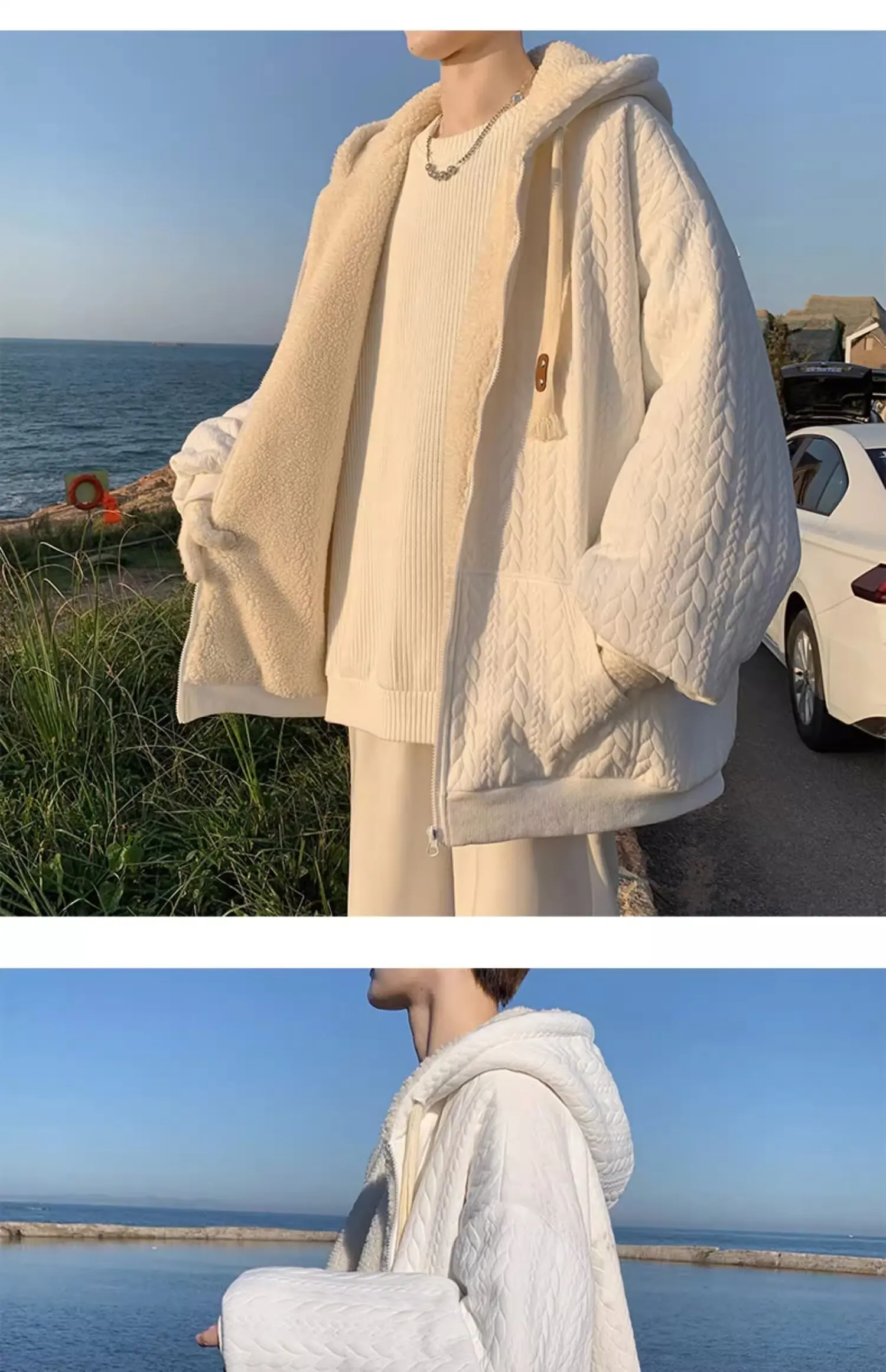 

Solid color jacquard Arctic fleece hoodie for men in autumn and winter, large size, high-end hooded jacket