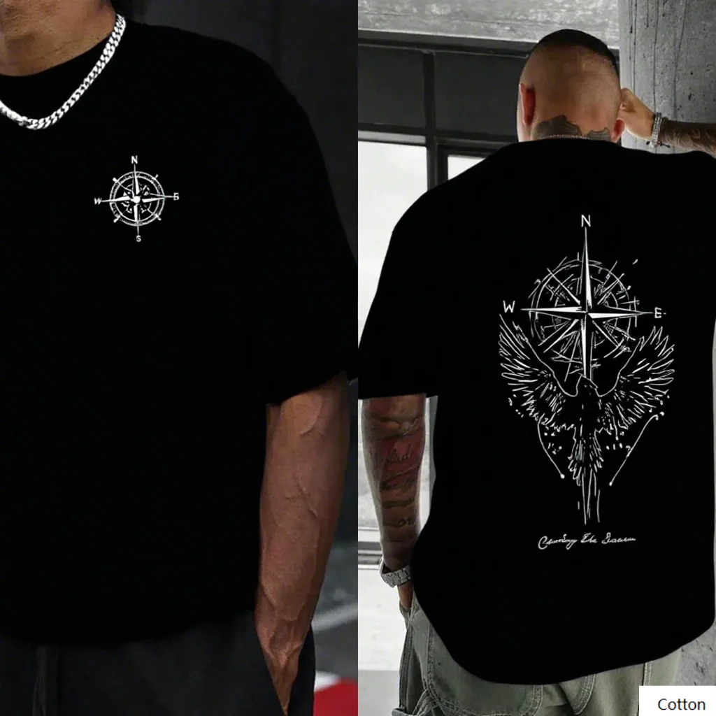 تي شيرت من القطن الخالص يتميز بوصلة ورسومات الطيور بشكل رائع لتعبير شغفك أثناء السفر وروح الاستكشاف #2