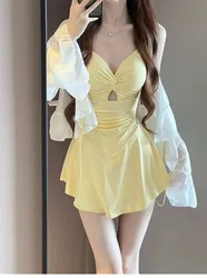 sexy Korean fashion conservative swimsuit two pieces ruched knot mini dress culottes bikinis with white ruffles cover smock