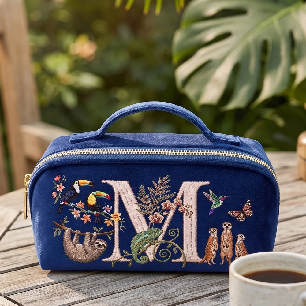 Marineblaue Kosmetiktasche aus Samt mit Imitationsstickerei, Buchstabenmuster und Tiermotiv, großes Fassungsvermögen, für Damen. – Detail 3