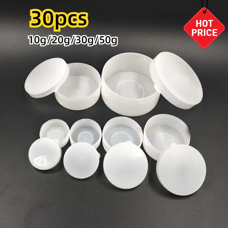 30szt 5g/20g/30g/50g Puste białe plastikowe słoiki kosmetyczne PP Pojemniki do pielęgnacji skóry Butelka na balsam do twarzy Miękki krem Puszka na próbki Żel Pudełko