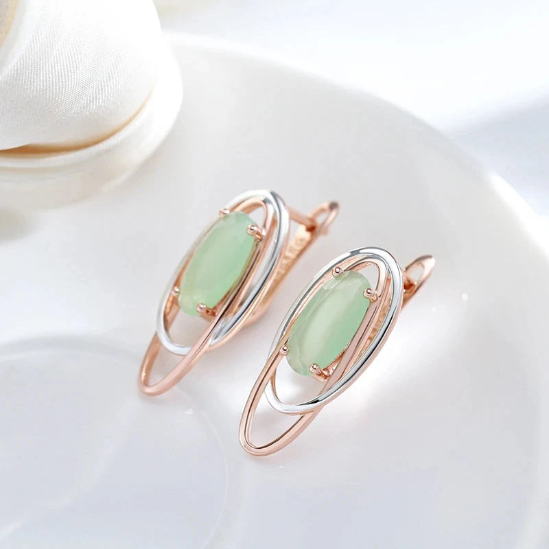 Wbmqda Trendy Double Oval Light Green Zircon Women\'s Earrings 585 Gold Silver Mix Color Personalized Modern Jewelry Accessories