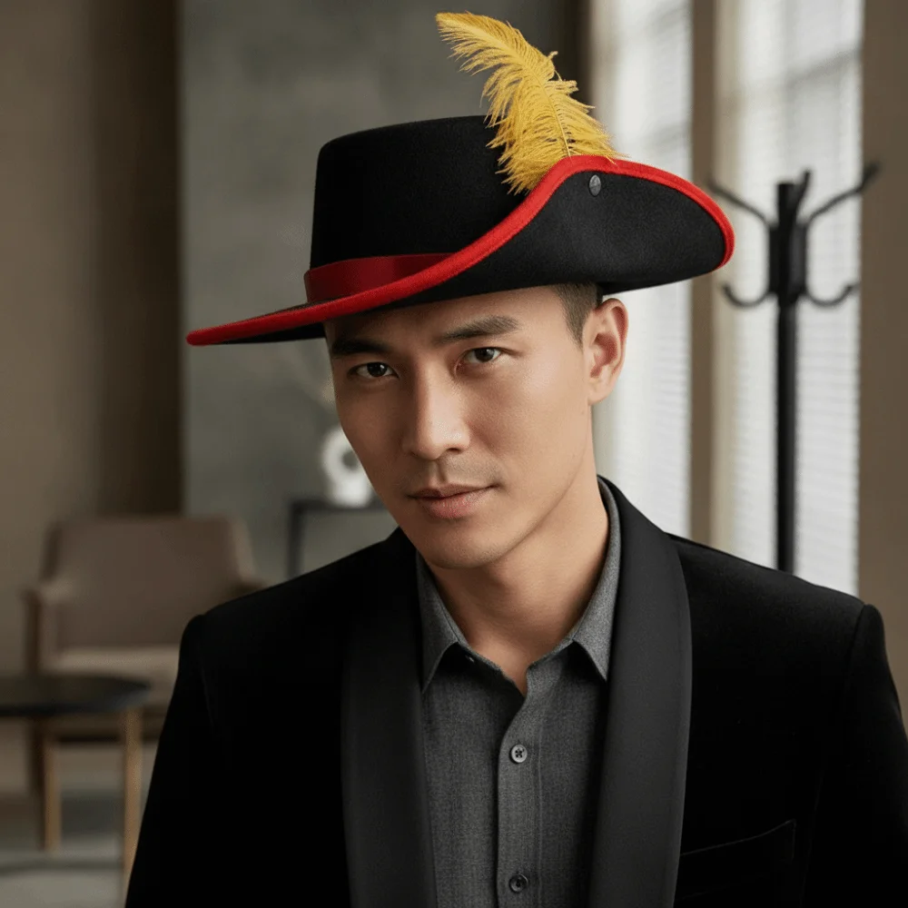 Felt Cavalier Top Hat Artificial Feather Wide Brim Feather Stage Cap Flat Top Lightweight Masquerade Headwear Adults Dress Up