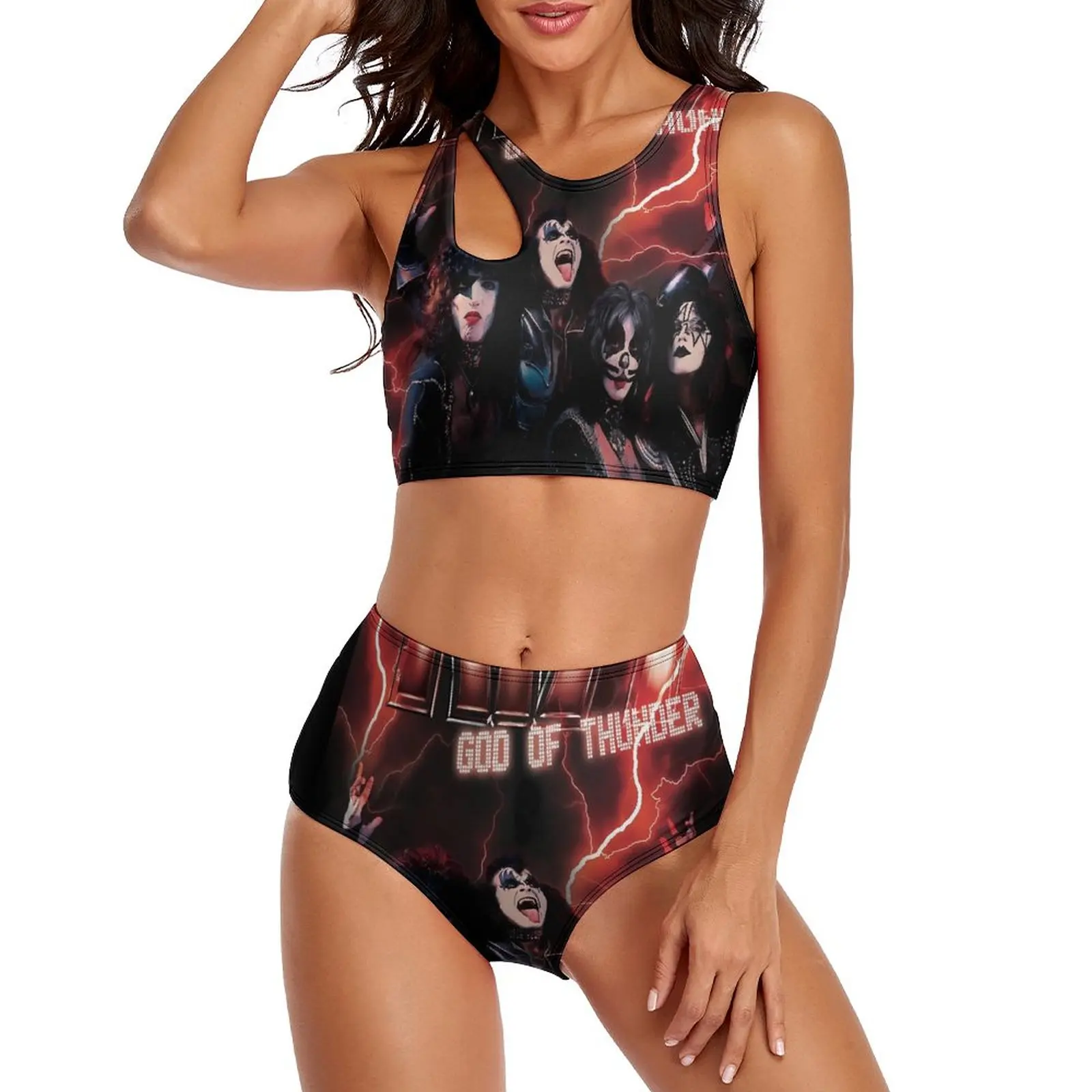 

Kiss Band Print Bikini Swimsuit God Of Thunder High Waisted Swimwear Sexy Vintage Bikini Set Push Up Custom Beach Wear