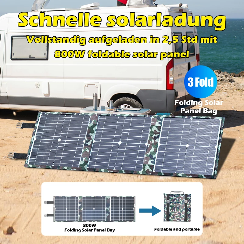 800W Foldable Solar Panel, Portable Camouflage Solar Charger with Dual USB & MC4 Output for Outdoor Camping, RV & Laptop