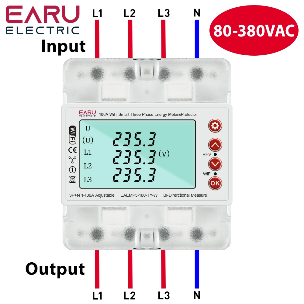 Medidor de energía trifásico, 380V, 100A, Tuya, WiFi, inteligente, bidireccional, kWh, sobre bajo voltaje, Protector, interruptor de relé, límite de corriente