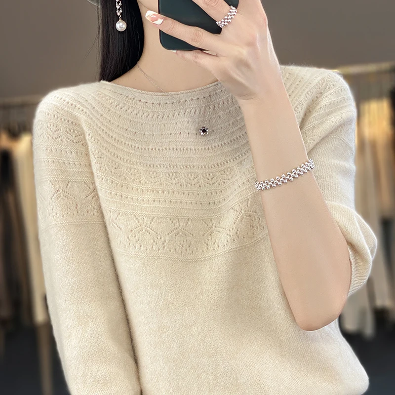 

Large Size Women Hollow Jacquard Half Sleeve Pullover O-Neck 100%Wool Solid Color Short Sleeves Knit Sweater Spring Autumn Style