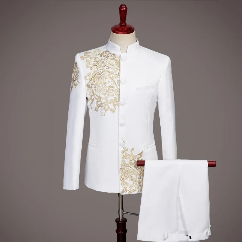 Black White Men\'s Suits Chinese style Gold Embroidery Blazers Prom Host Stage Outfit Male Singer Teams Chorus Wedding DS Costume