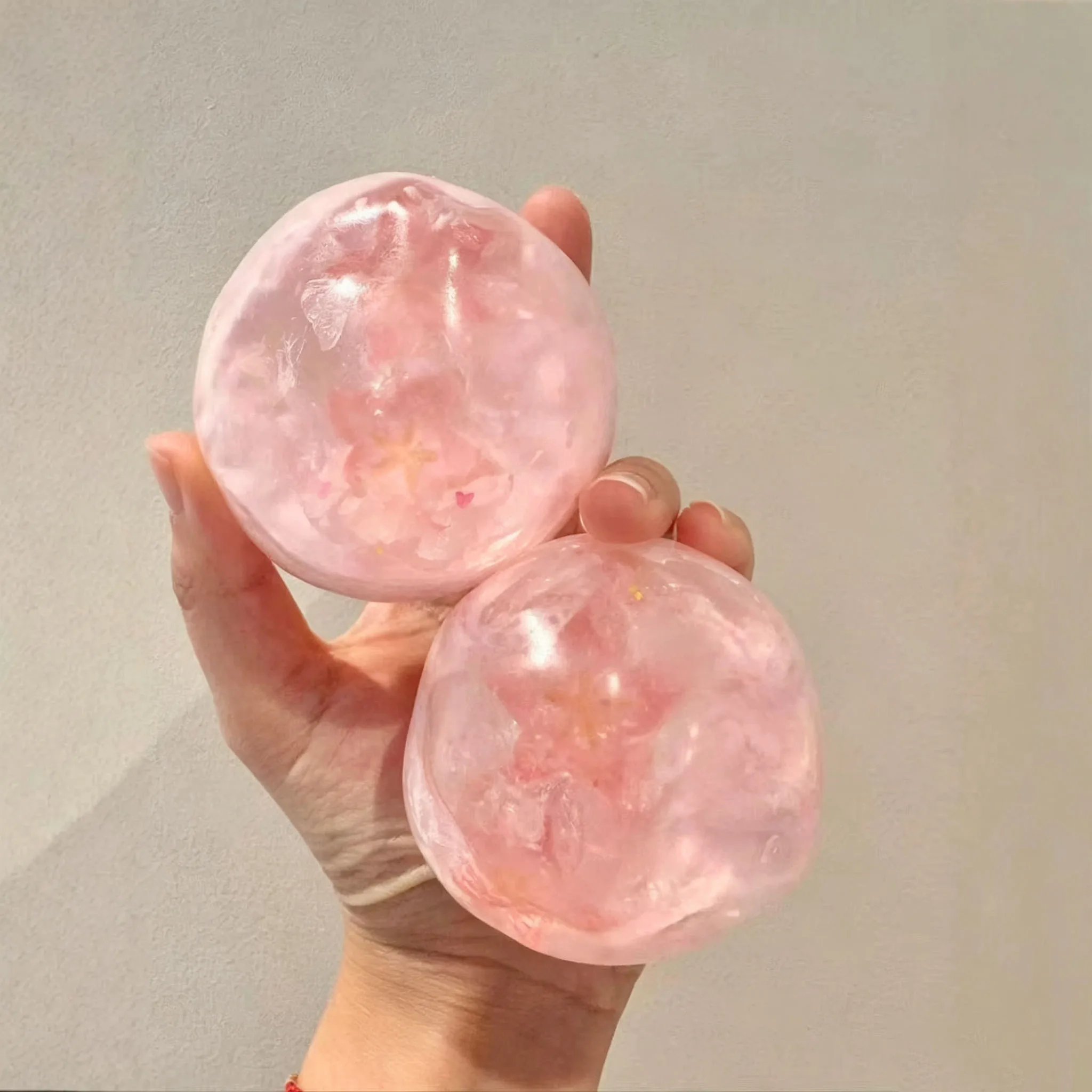 Pink Sakura Boba Handmade Fidget Ball, Transparent Cherry Blossom Inside Stress Relief Squeeze Squishy Toy