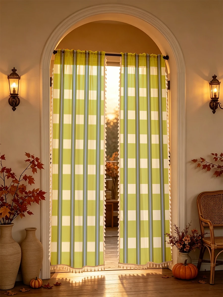 1PC Gingham Tassel Sheer Curtain, Yellow Green Gingham Check, Digital Print, Linen Polyester, Bedroom Living Room, Kitchen
