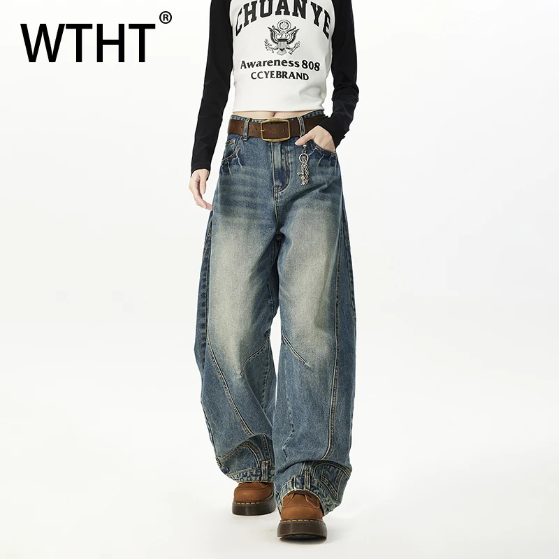 

WTHT Fashion Men's Spliced Back-wrap Design Denim Pants Vintage 2025 Summer High-waisted Loose Wide Leg Jeans Male 2A1510
