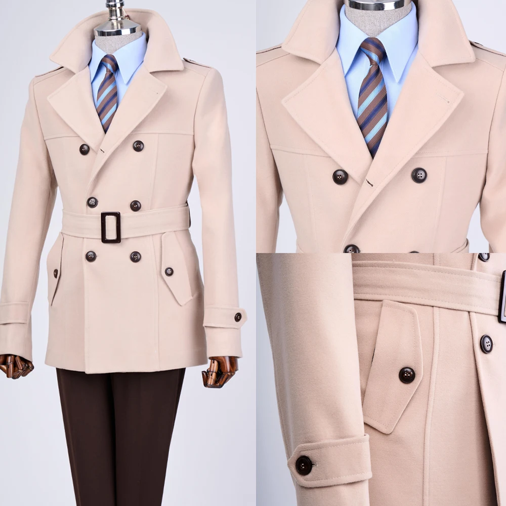 Customized Beige Windproof Trench Coat Long Jacket Double Breasted Costumes Formal Outfits With Belt One Piece