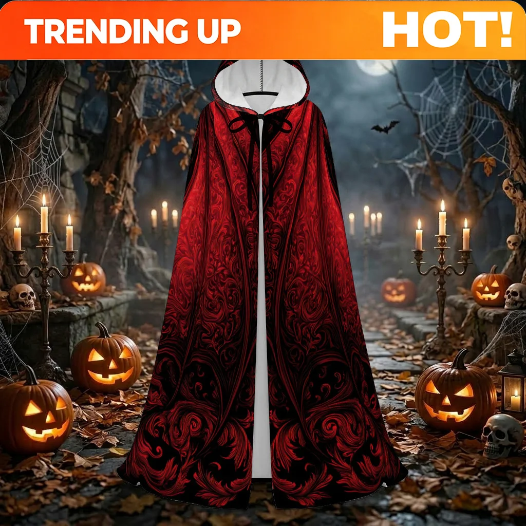 Customization 1pc Gothic Dark Hooded Cloak Cape With Deep Red Demon Dragon Pattern - Unisex Extra-Long Hooded Cape Suitable For