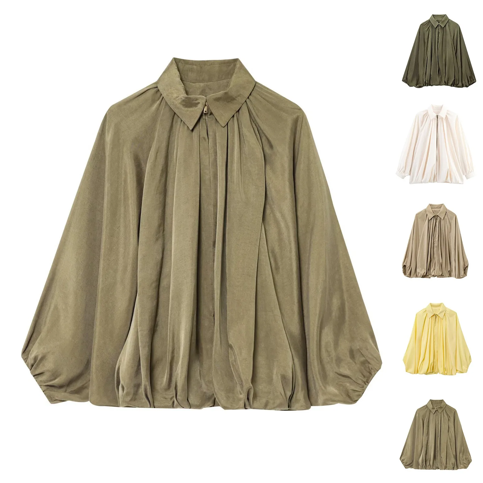 

Fashionable Classic Pleated Jackets Simple Leisurely Puffy Design Streetwear Elegant Exquisite Lady Lapel Collar Top Jackets