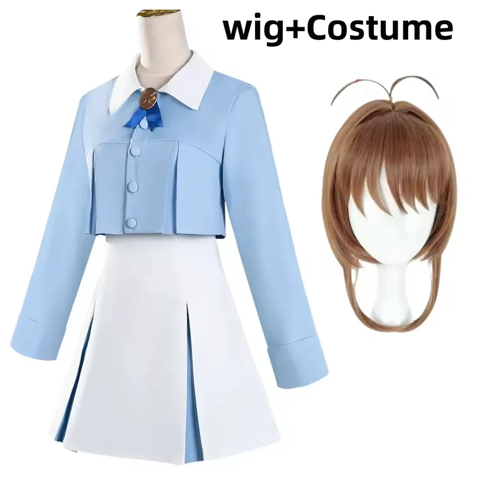 Halloween Anime Sakura Cosplay Costume Blue White Two Pieces Outfit Lapel Short Jacket Pleated Skirt Set Woman School Uniform