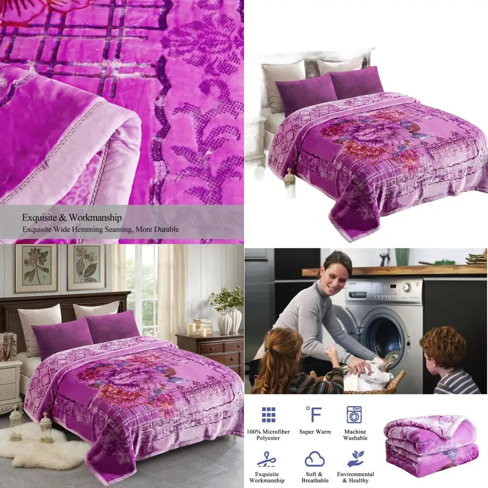 

Plush Heavyweight King Size Mink Blanket, 87x94, 10.5 lbs, Warm Raschel Fleece, Silky Soft, 2-Ply, A&B Print, Embossed Peony Vio