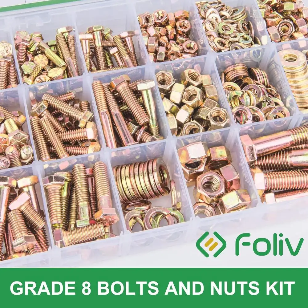 Grade 8 608pcs Bolts Nuts Washers Set Heavy Duty SAE Hex Fasteners Automotive Repairs Machinery Furniture DIY Projects