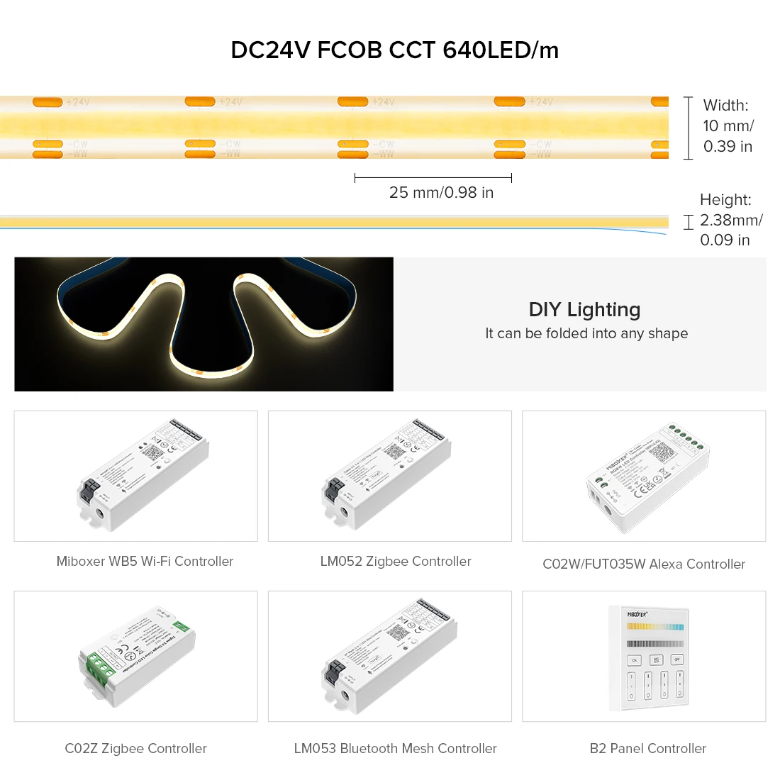 IP65 Waterproof COB CCT LED Strip 5M 640 LEDs/m High Density Dimmable FOB Led Tape 3000K to 6500K Changeable Lighting DC12V 24V