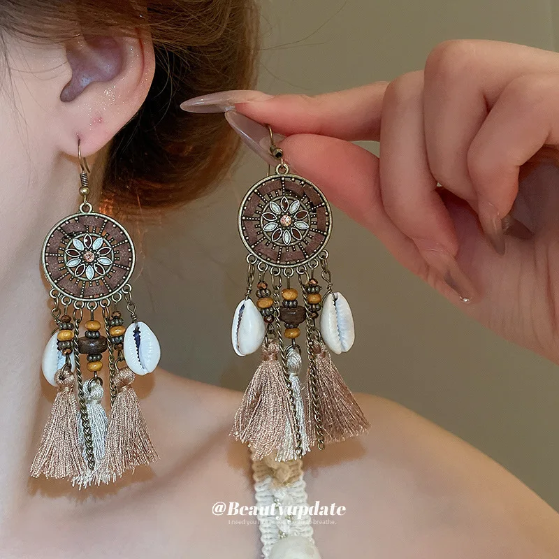 1 Set Bohemian Style Vintage Tassel Earrings, Retro Exotic Ethnic Style Bead Earrings, Holiday Temperament Long Earrings