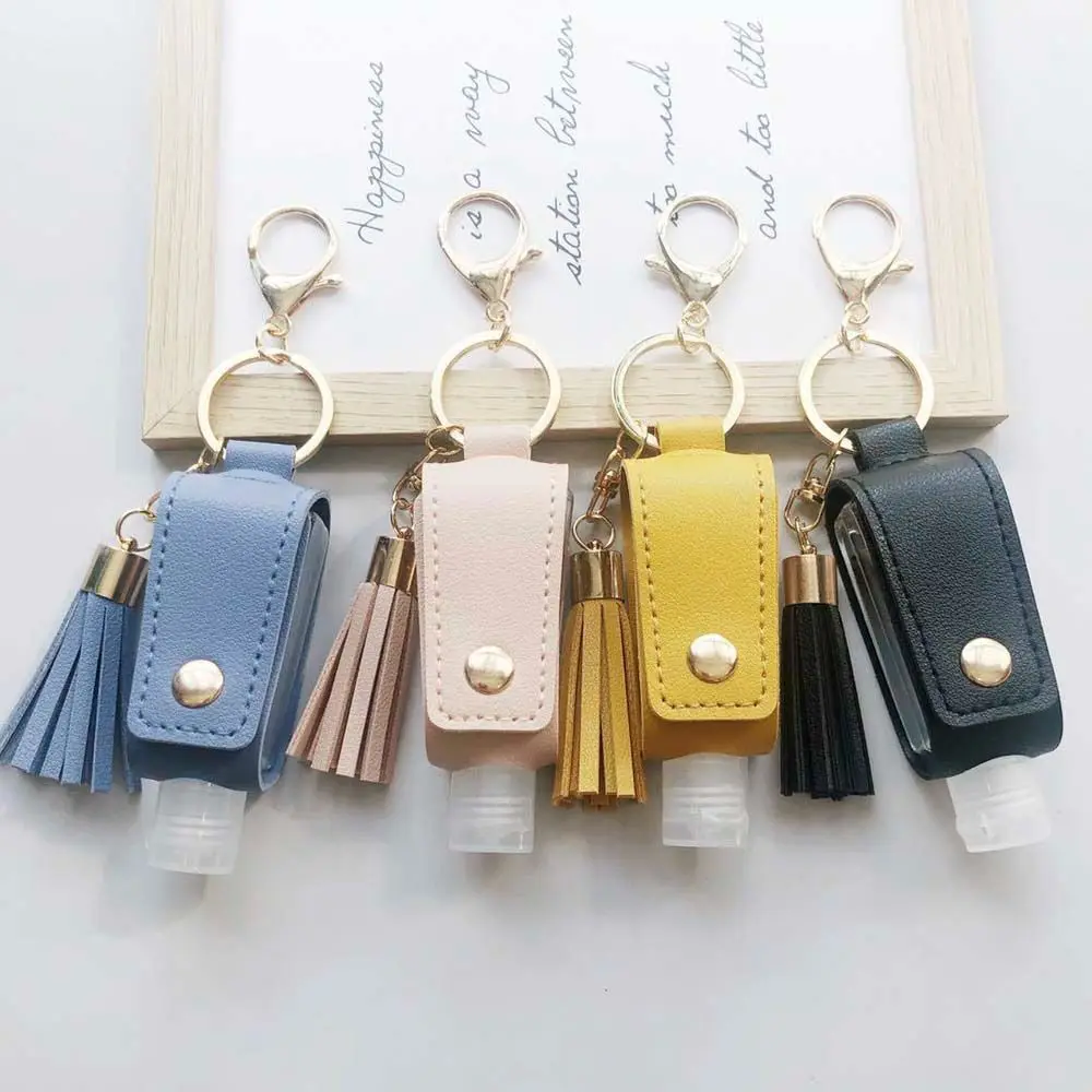 Hand Washing gel Storage Bottle Plastic Travel With Tassels Keychain Holder Hand Sanitizer Holder PU leather Cover Empty Bottle