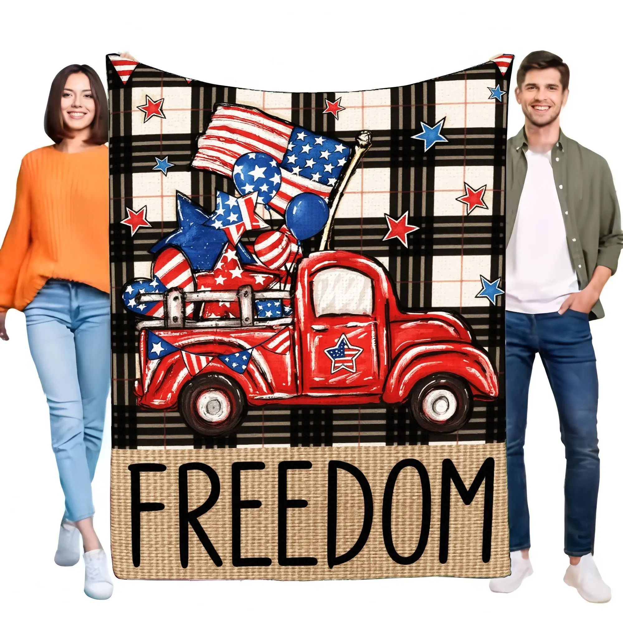 Vintage Red Truck Blanket with American Flags, Cozy Soft Throw for Home Decor, Perfect for Independence Day or Birthday Gifts, W