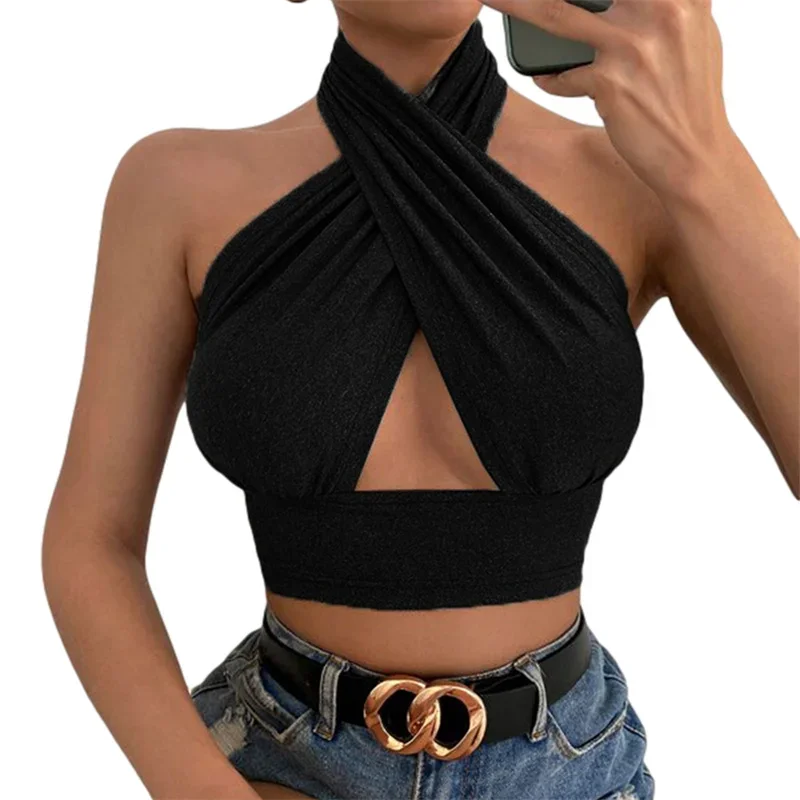 y2k Halter Top Women Summer Clothes Solid Color Sleeveless Backless Vest T Shirt 2000s Aesthetic Clothing Streetwear image 2