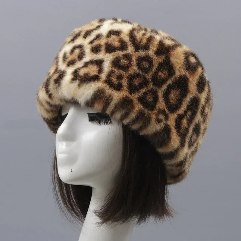 Faux Fur Hats for Women Fluffy Russian Hat Winter Cap Ears Warm Female Beanies Solid Color Leopard Print Bonnets