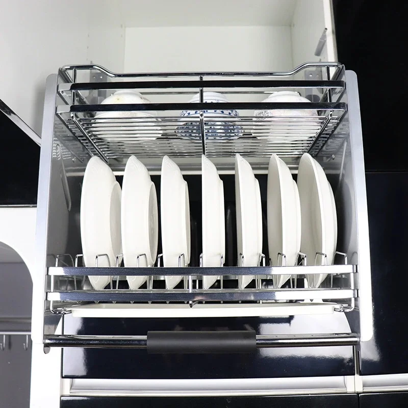 -oo 304 Stainless Steel Kitchen Upper Cabinet Pull-Down Lift Basket 2-Tier Dish Rack with Damping Wall Mounted Cabinet Shelf