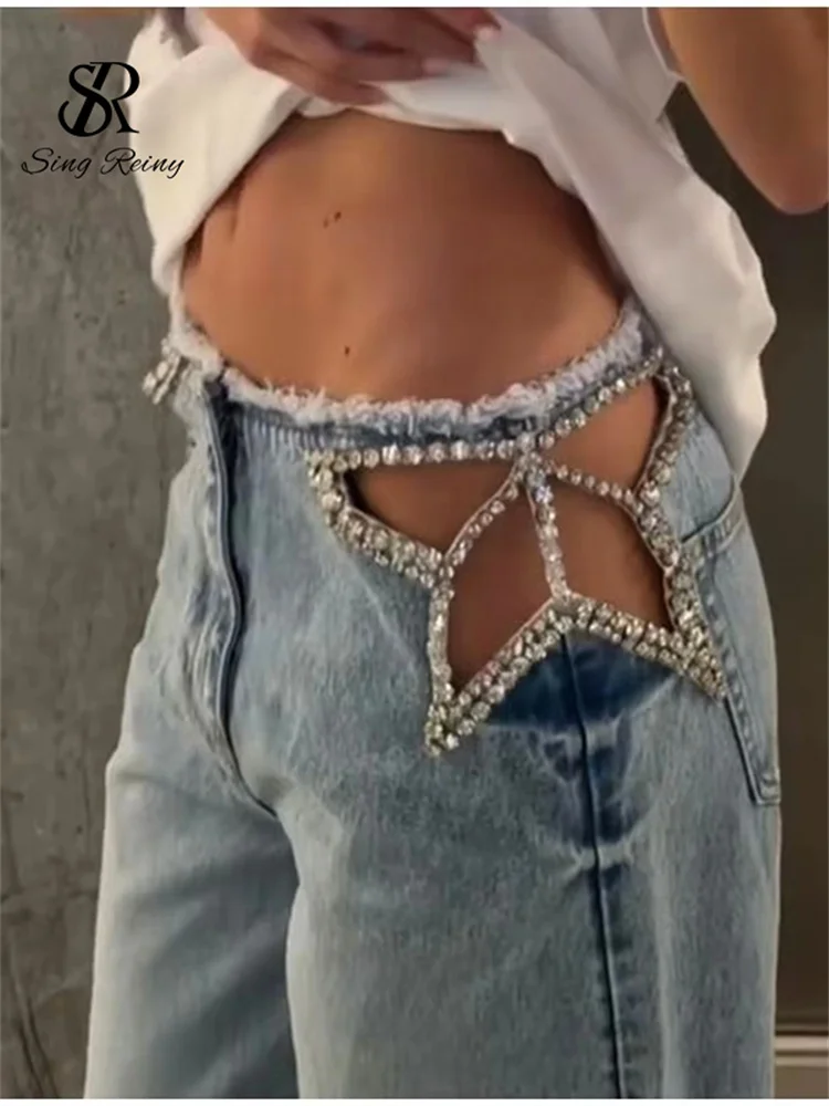 Low-Rise Raw Hem Rhinestone Star Cut-Out Jeans Baggy Wide Leg  Chic Women Causal Versatile Streetwear Denim Pants