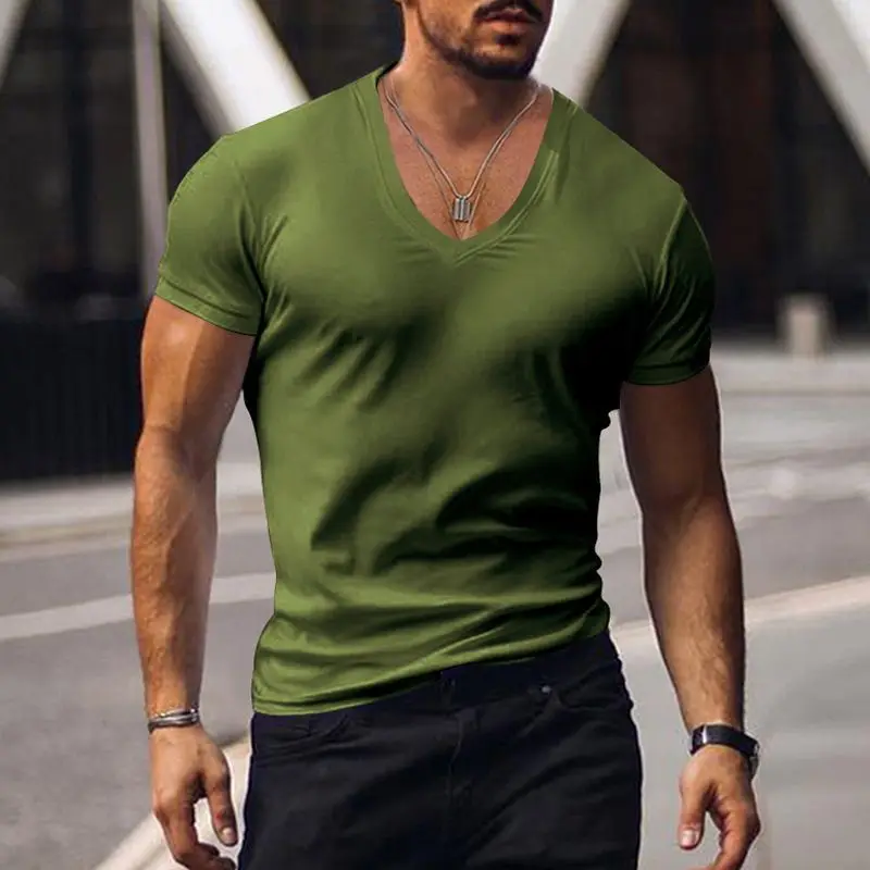 Summer Men V-neck Basic T-shirt Slim Solid Cotton Breathable Quick Dry Casual Sports Simple Versatile Bottoming Short Sleeve Top