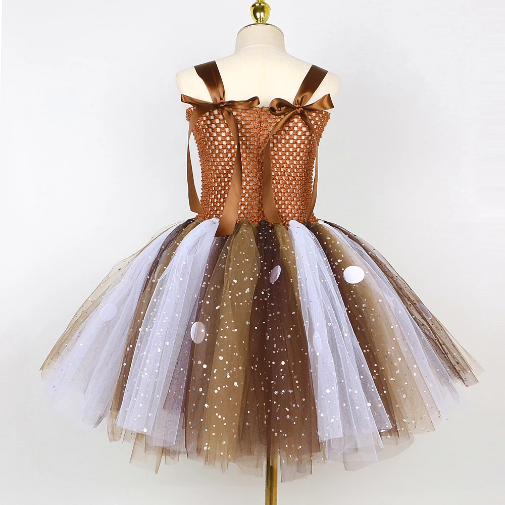 Sparkly Tulle Christmas Deer Costume for Girls Glitter Xmas Holiday Tutu Dress Kids Animal Reindeer Outfit with Antler Headband