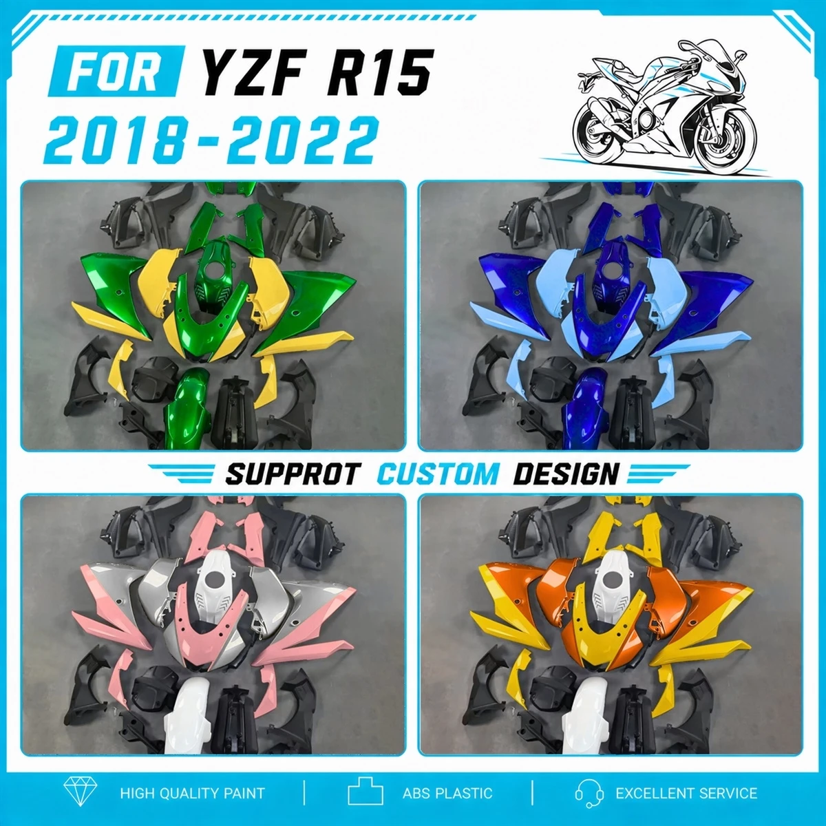 For YZFR15 YZF R15 2018-2022 18-22 Full Motorcycle Cowling Parts High Quality ABS Panels Custom Paint