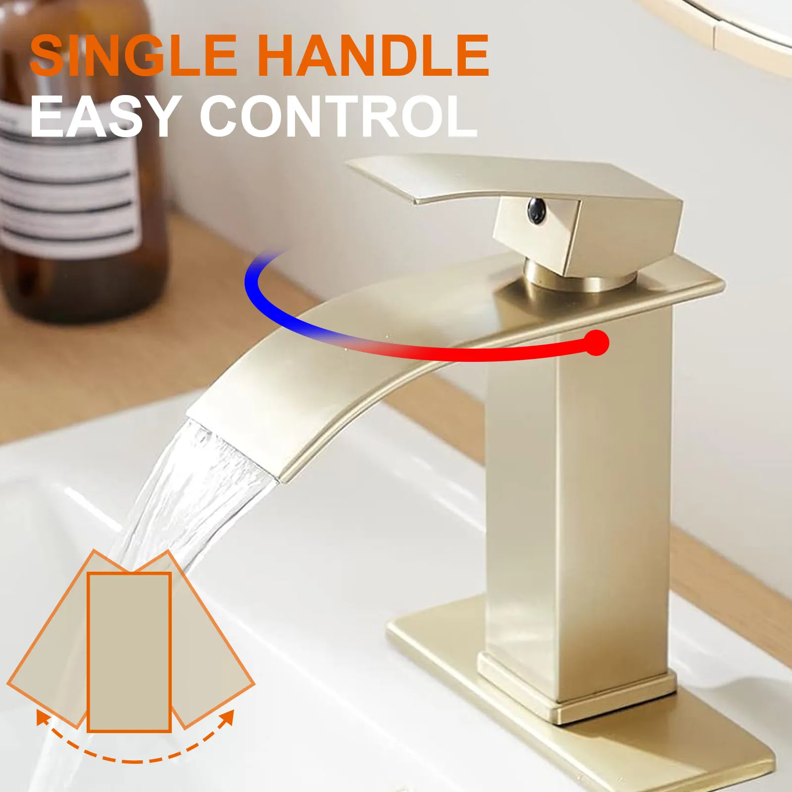 Waterfall Basin Faucet Brushed Gold/Matte Black 1 Hole Single Handle Modern Vanity Basin Hot& Cold Mixer Tap Commercail