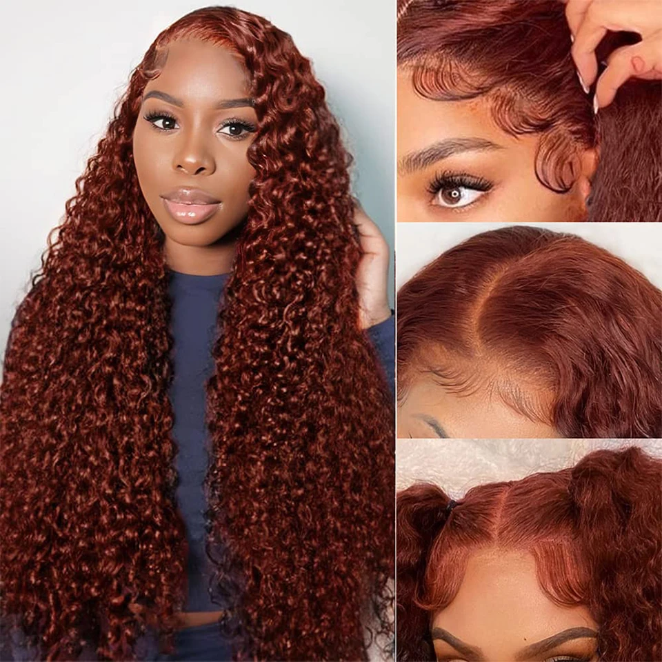 Perruque Lace Front Wig Remy Naturelle Bouclée, Cheveux Humains, Brun Rousse, 13x6, 13x4, Pre-Plucked, Deep Wave, pour Femme