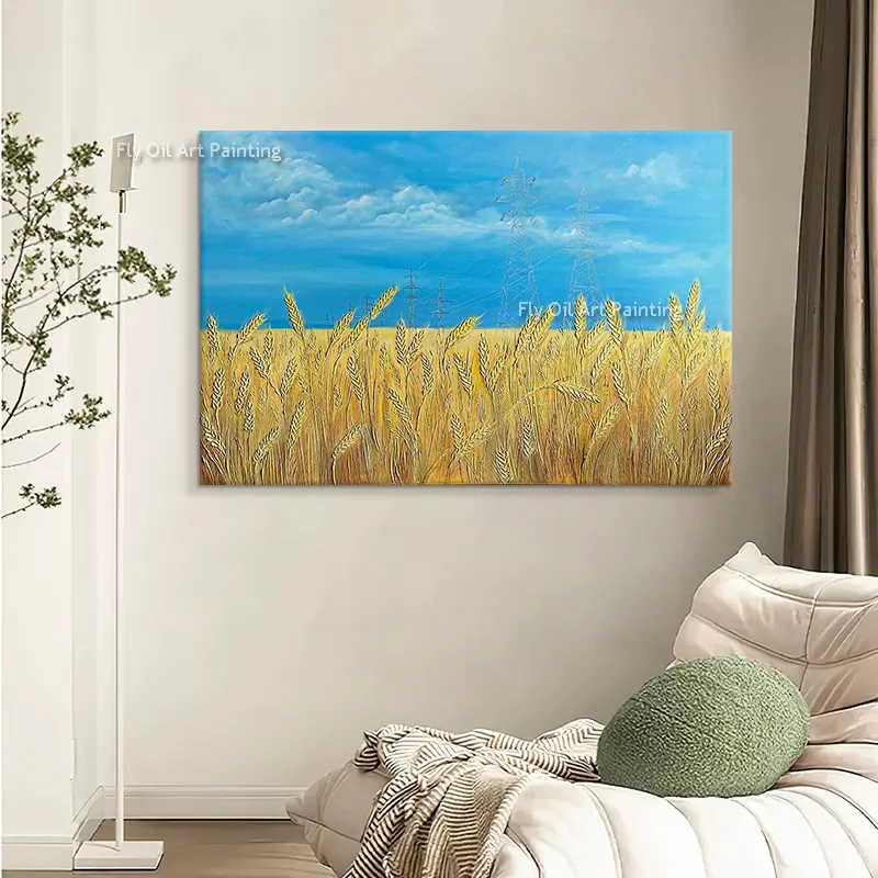 Golden Yellow Wheat Field Wall Art Items New Modern Design Handpainted Blue Sky Yellow Landscape Canvas Oil Painting For Decor