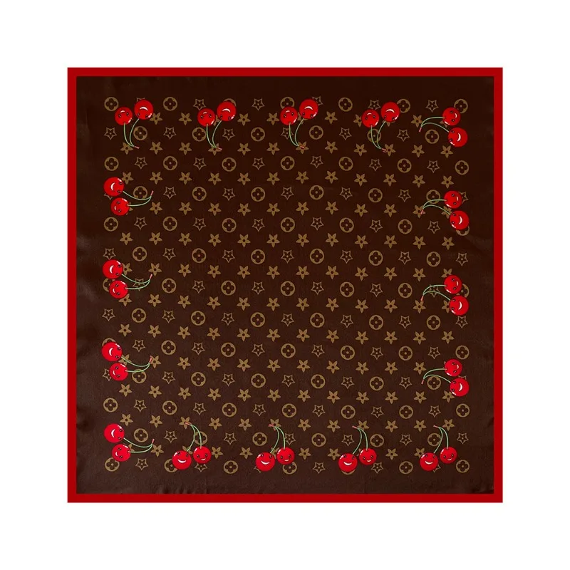 

100% mulberry silk Luxury Cherry Monogram Square Satin Scarf For Women 53x53cm Multifunctional Bandana For Hair Neck Bag
