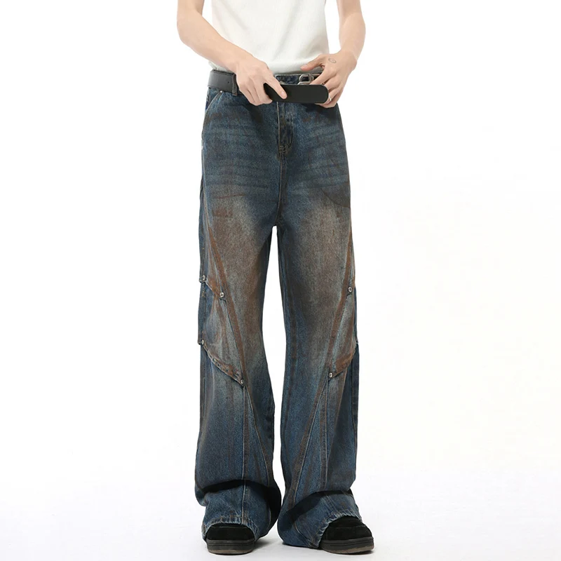 IEFB High Street Men's Denim Pants Washed Worn-out Splotch Straight Bottom Wide Leg Contrast Color Male Jeans New Autumn 9C8085