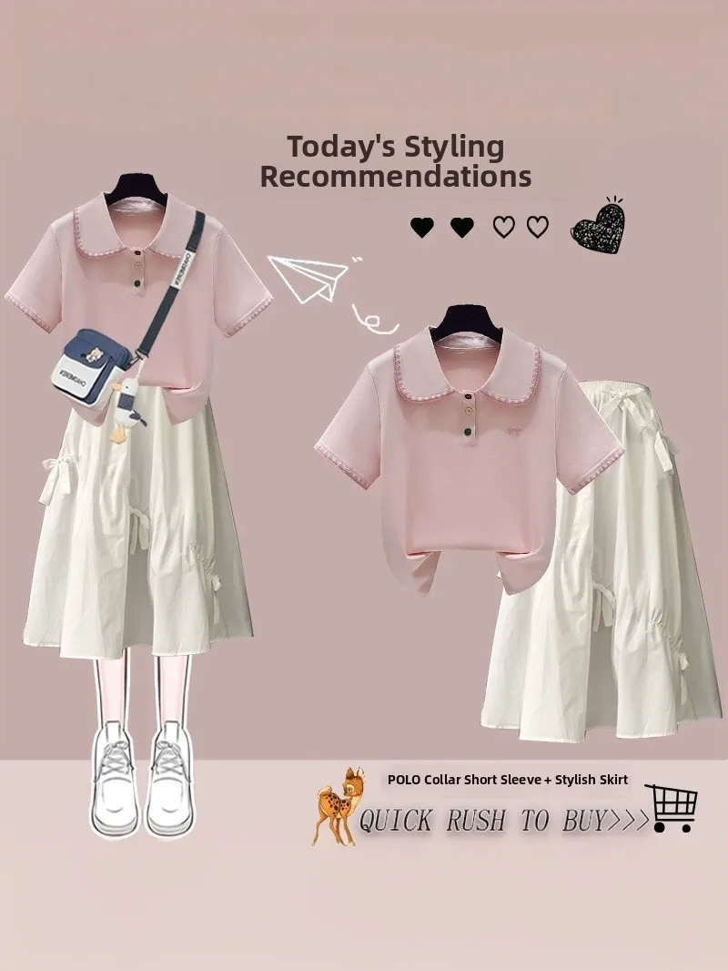 Conjunto de Dos Piezas para Niñas de Secundaria, Vestido con Cuello y Falda de Algodón de Manga Corta, Estilo Moderno